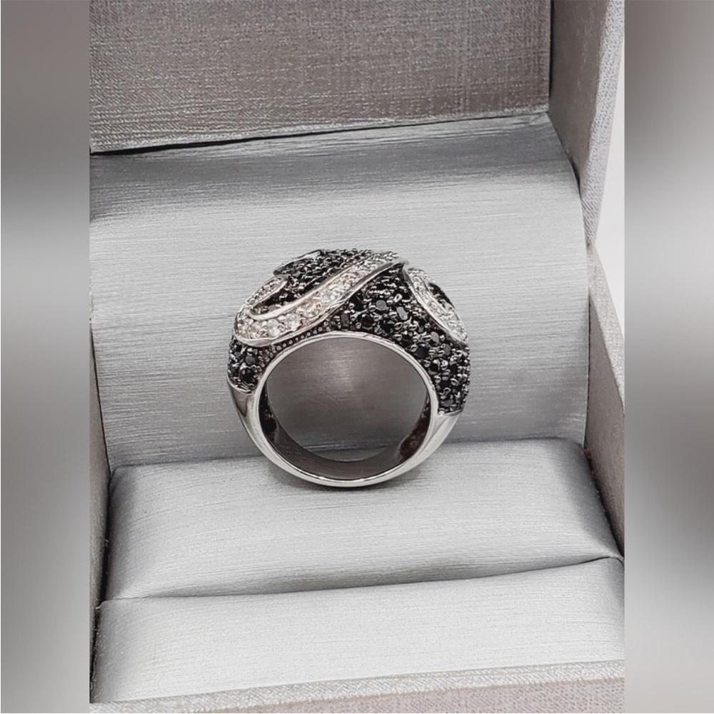 Black & White Diamond Simulant 925 Sterling Silver Rhodium Statement Design Ring - Picture 2 of 6